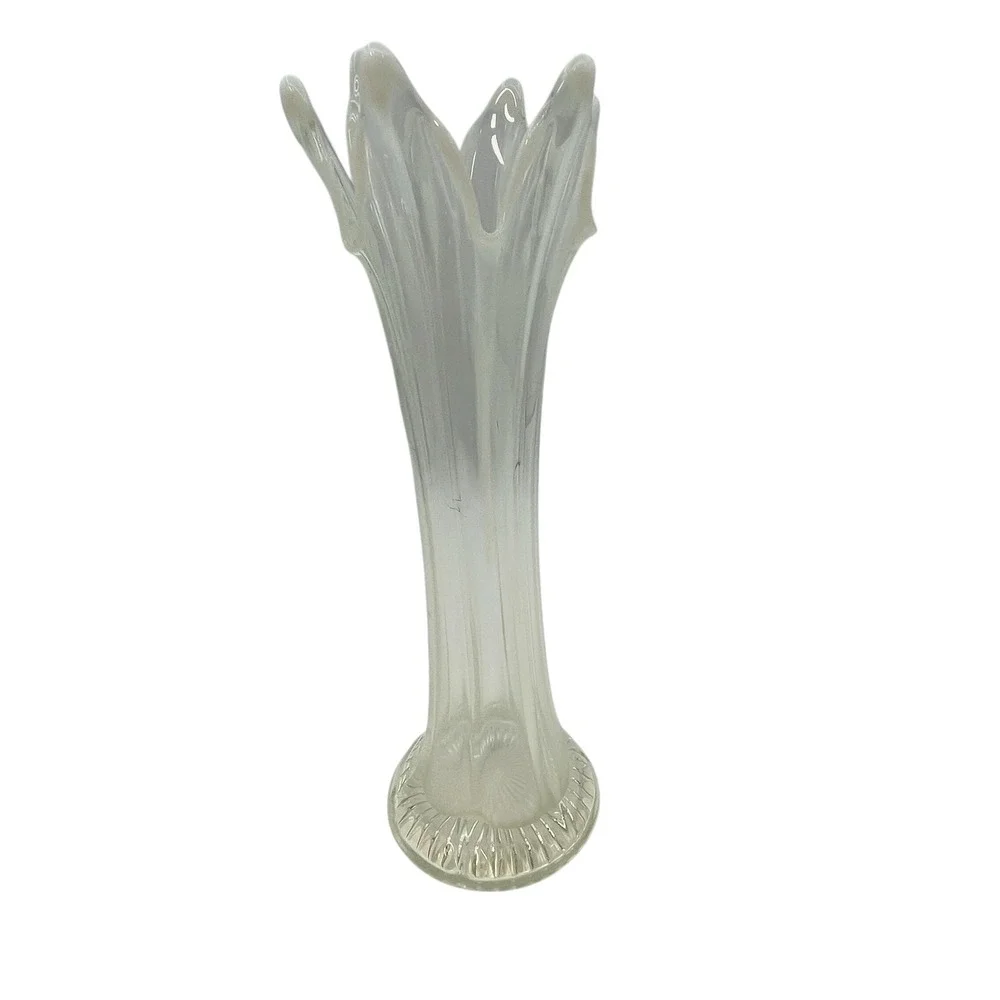Clear Opalescent‎ Swirl Top Art Glass Vase Mid Century Modern Trumpet Flower
